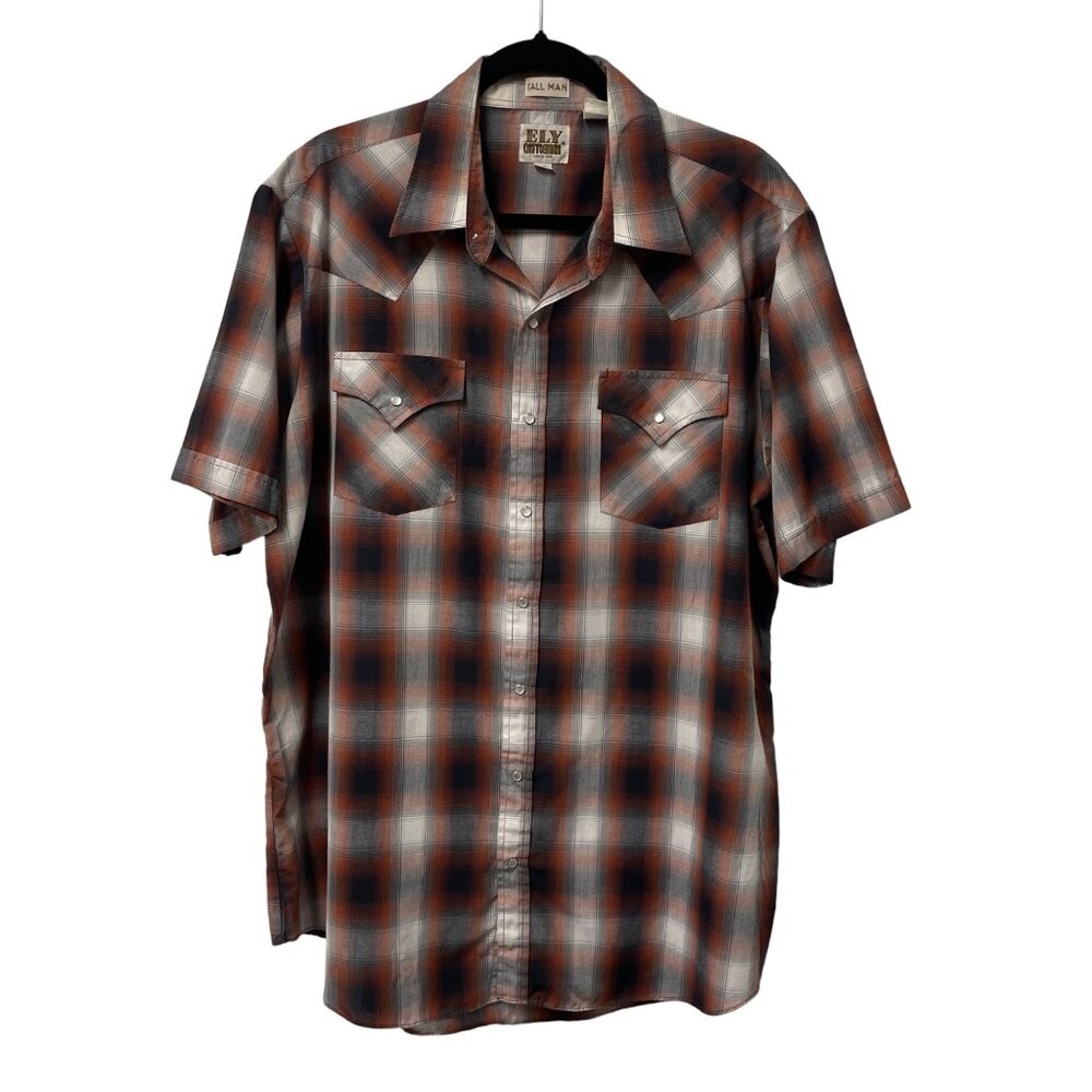 ELY CATTLEMAN SHIRT PEARL SNAP WESTERN MENS XL TALL SHORT SLEEVE VINTAGE CASUAL